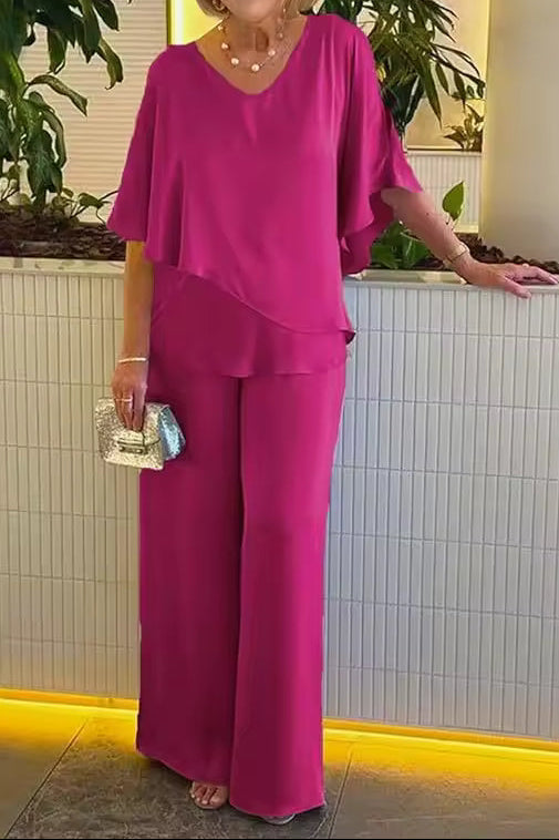 Two Piece Set with Tailored Top and Wide Leg Trousers