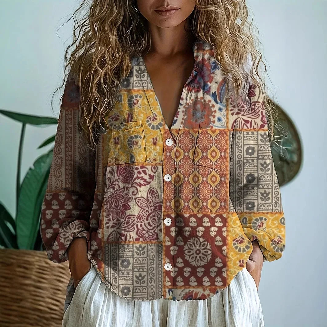 Relaxed Blouse with Nature Print and Short Sleeves