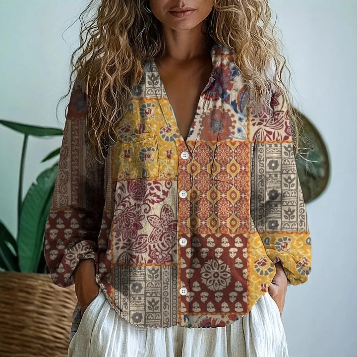 Relaxed Blouse with Nature Print and Short Sleeves