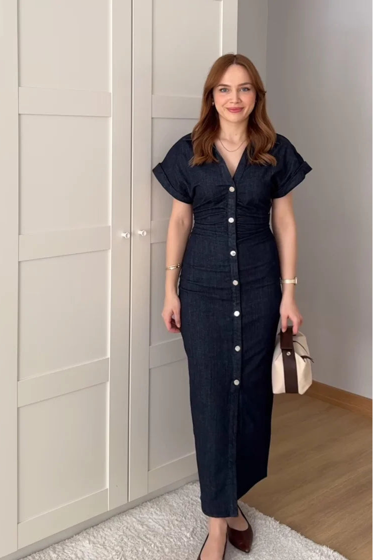 Denim Midi Dress with Lapel and Side Zipper Slim Fit Spring