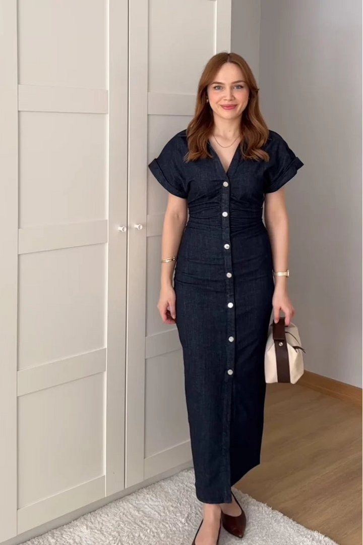 Denim Midi Dress with Lapel and Side Zipper Slim Fit Spring