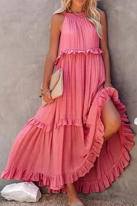 Lotus Leaf Trim Midi Dress with Ruffled Hem Detail