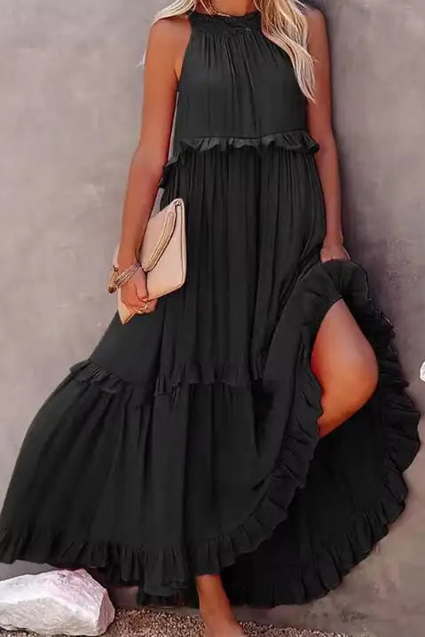 Lotus Leaf Trim Midi Dress with Ruffled Hem Detail