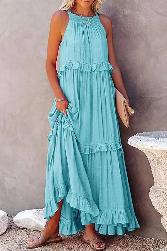 Lotus Leaf Trim Midi Dress with Ruffled Hem Detail