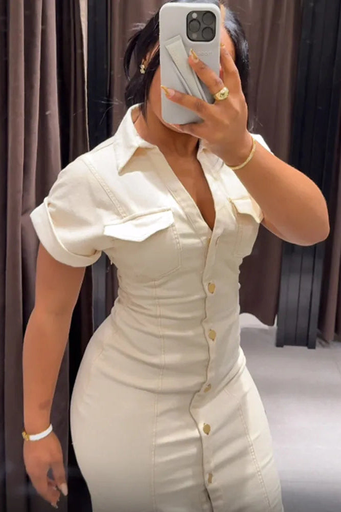 White Denim Maxi Dress Short Sleeve Button Front Summer
