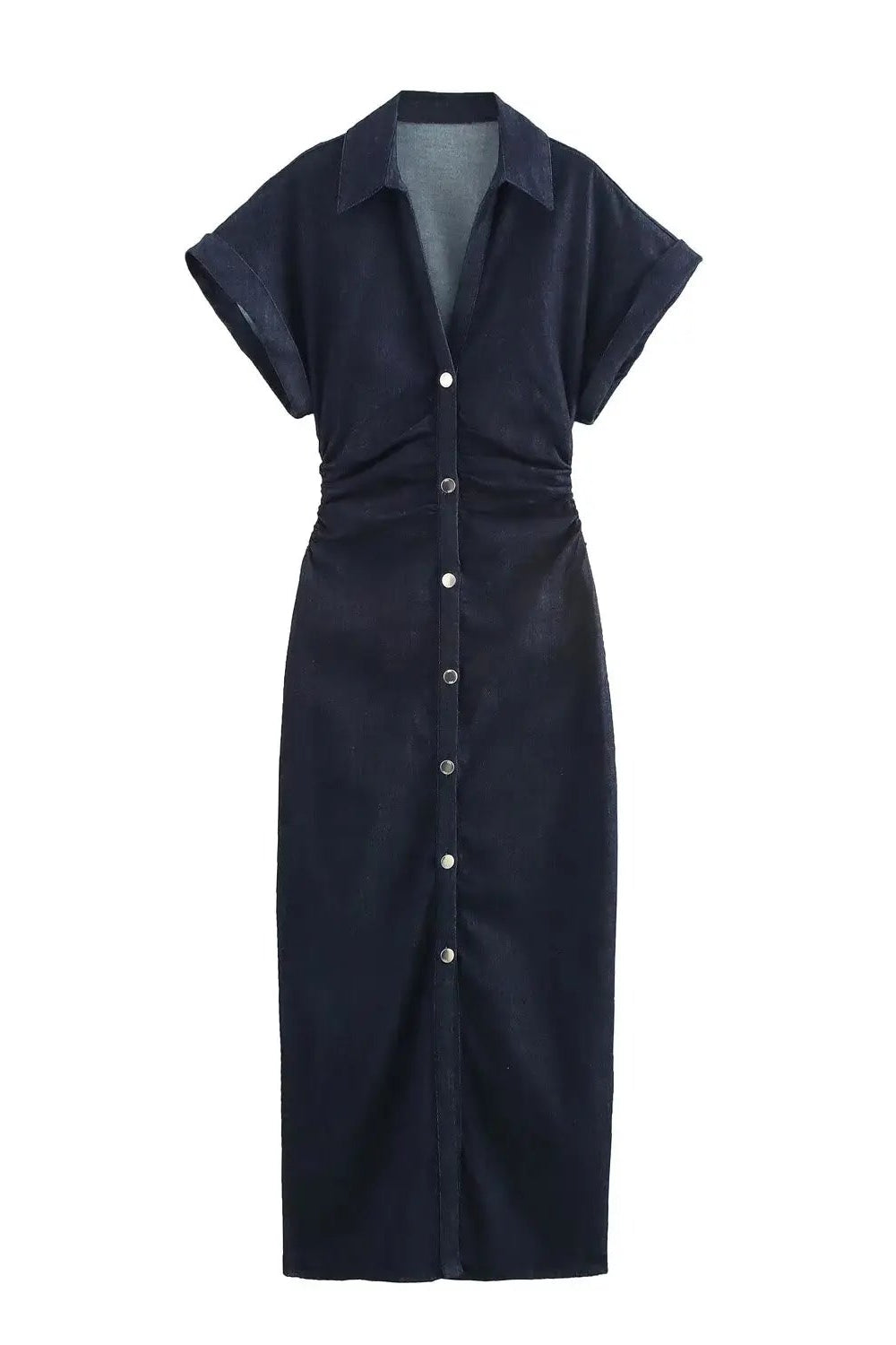 Denim Midi Dress with Lapel and Side Zipper Slim Fit Spring