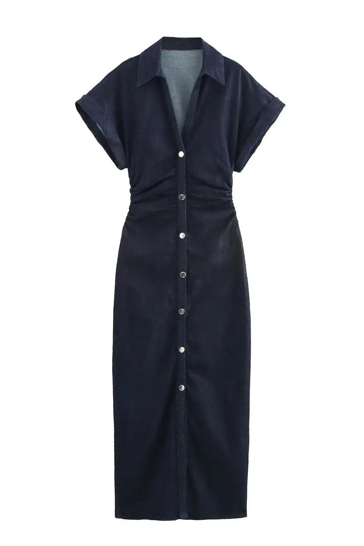 Denim Midi Dress with Lapel and Side Zipper Slim Fit Spring