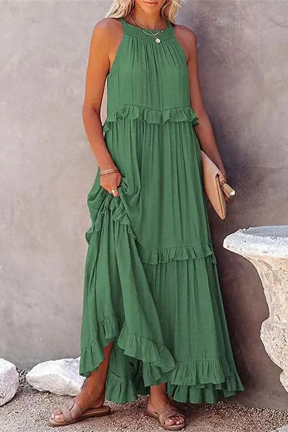 Lotus Leaf Trim Midi Dress with Ruffled Hem Detail