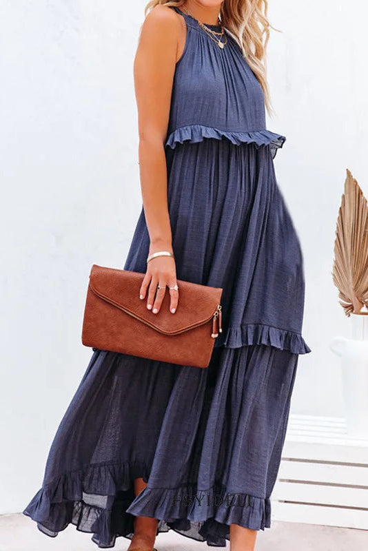 Lotus Leaf Trim Midi Dress with Ruffled Hem Detail