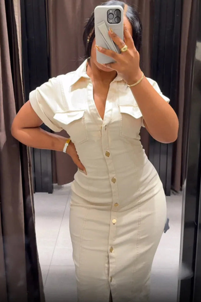 White Denim Maxi Dress Short Sleeve Button Front Summer