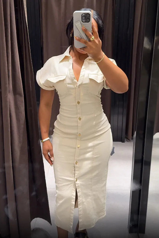 White Denim Maxi Dress Short Sleeve Button Front Summer