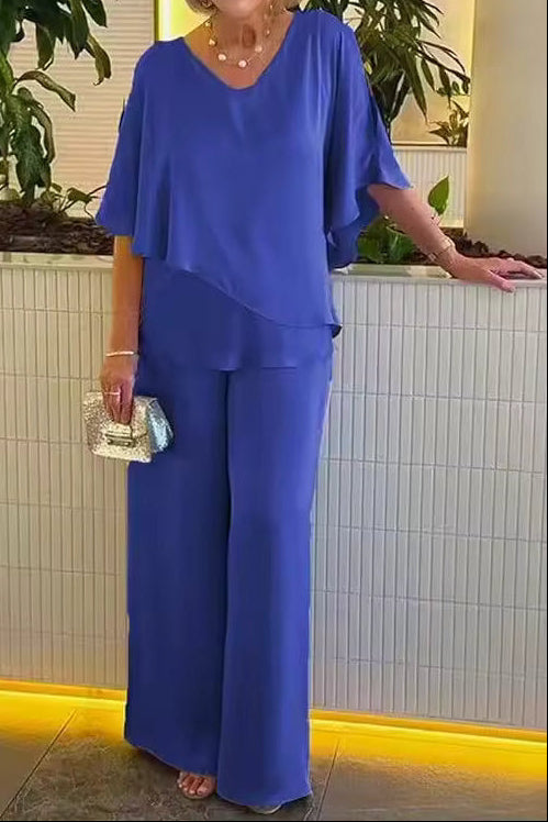 Two Piece Set with Tailored Top and Wide Leg Trousers
