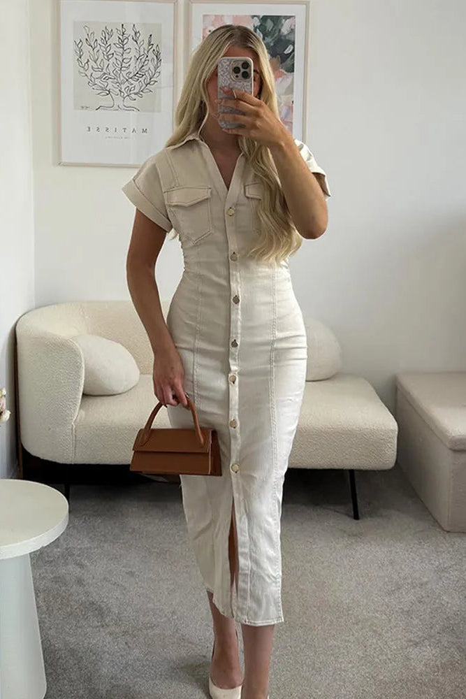 White Denim Maxi Dress Short Sleeve Button Front Summer - White / L