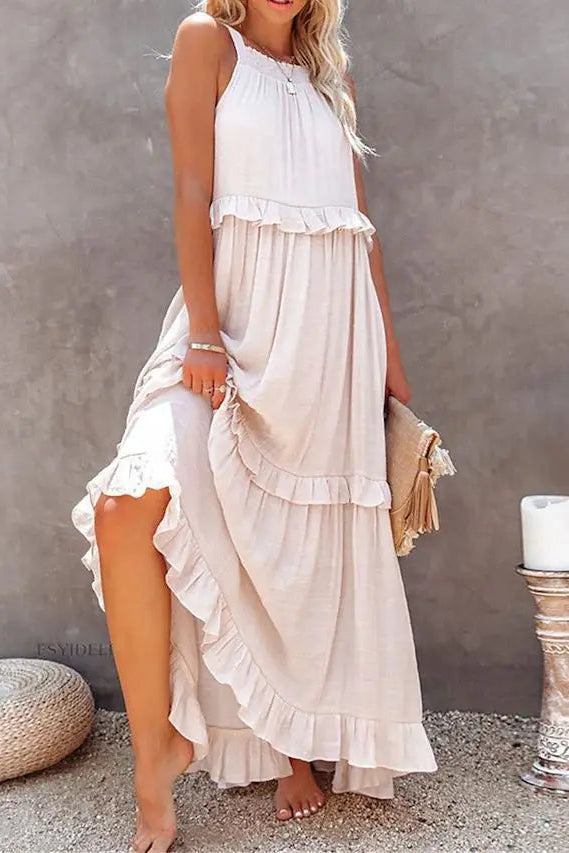 Lotus Leaf Trim Midi Dress with Ruffled Hem Detail