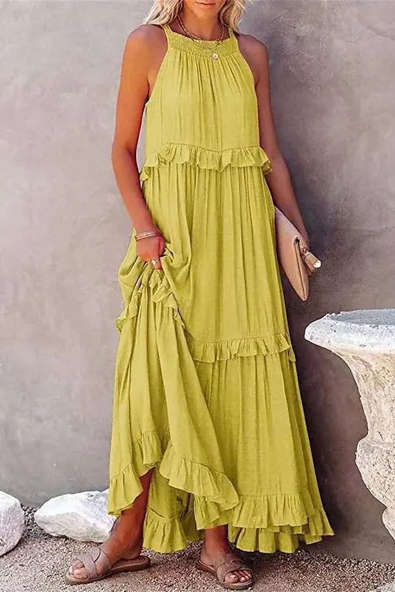 Lotus Leaf Trim Midi Dress with Ruffled Hem Detail