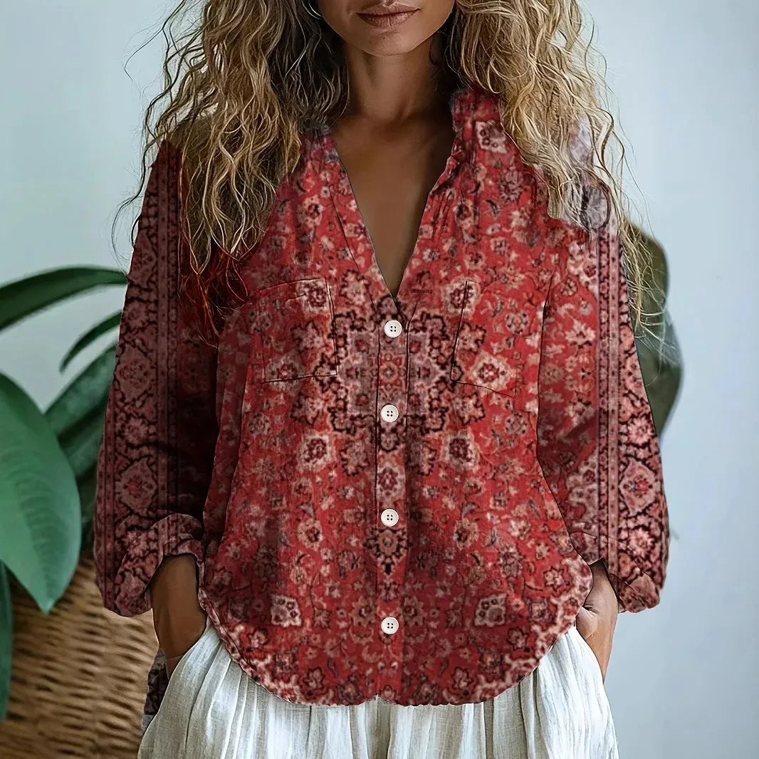 Relaxed Blouse with Nature Print and Short Sleeves
