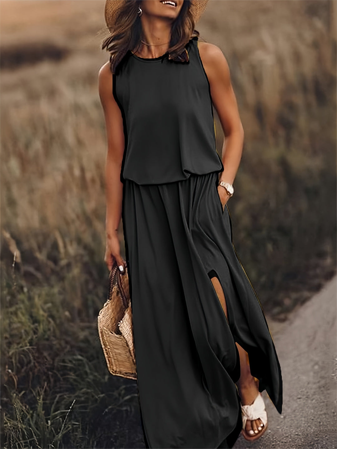 Sleeveless Blouson Maxi Dress with Elasticated Waist and Side Slits