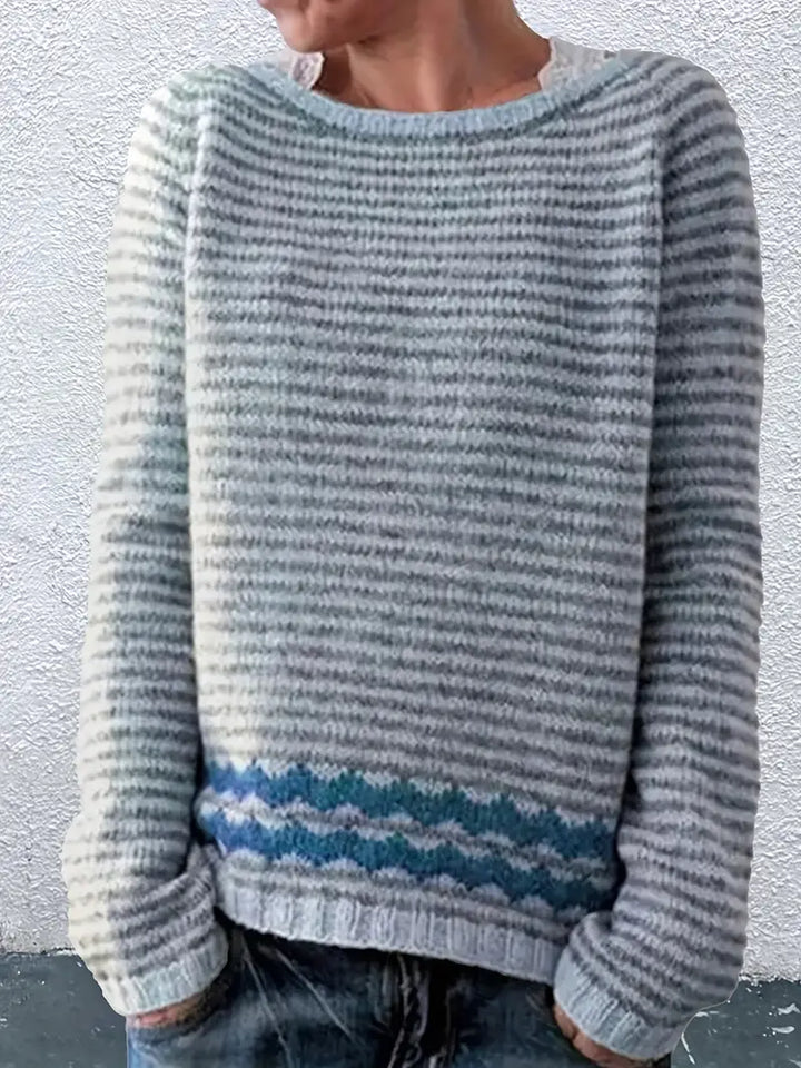Soft Striped Knit Sweater with Patterned Hem for Women