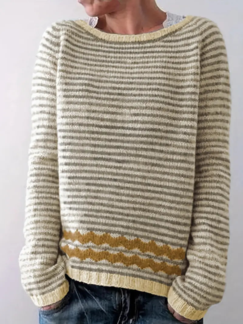 Soft Striped Knit Sweater with Patterned Hem for Women