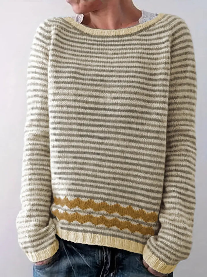 Soft Striped Knit Sweater with Patterned Hem for Women