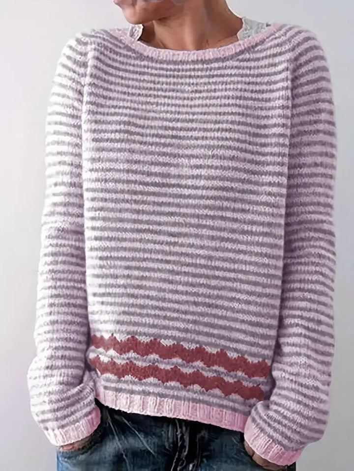 Soft Striped Knit Sweater with Patterned Hem for Women