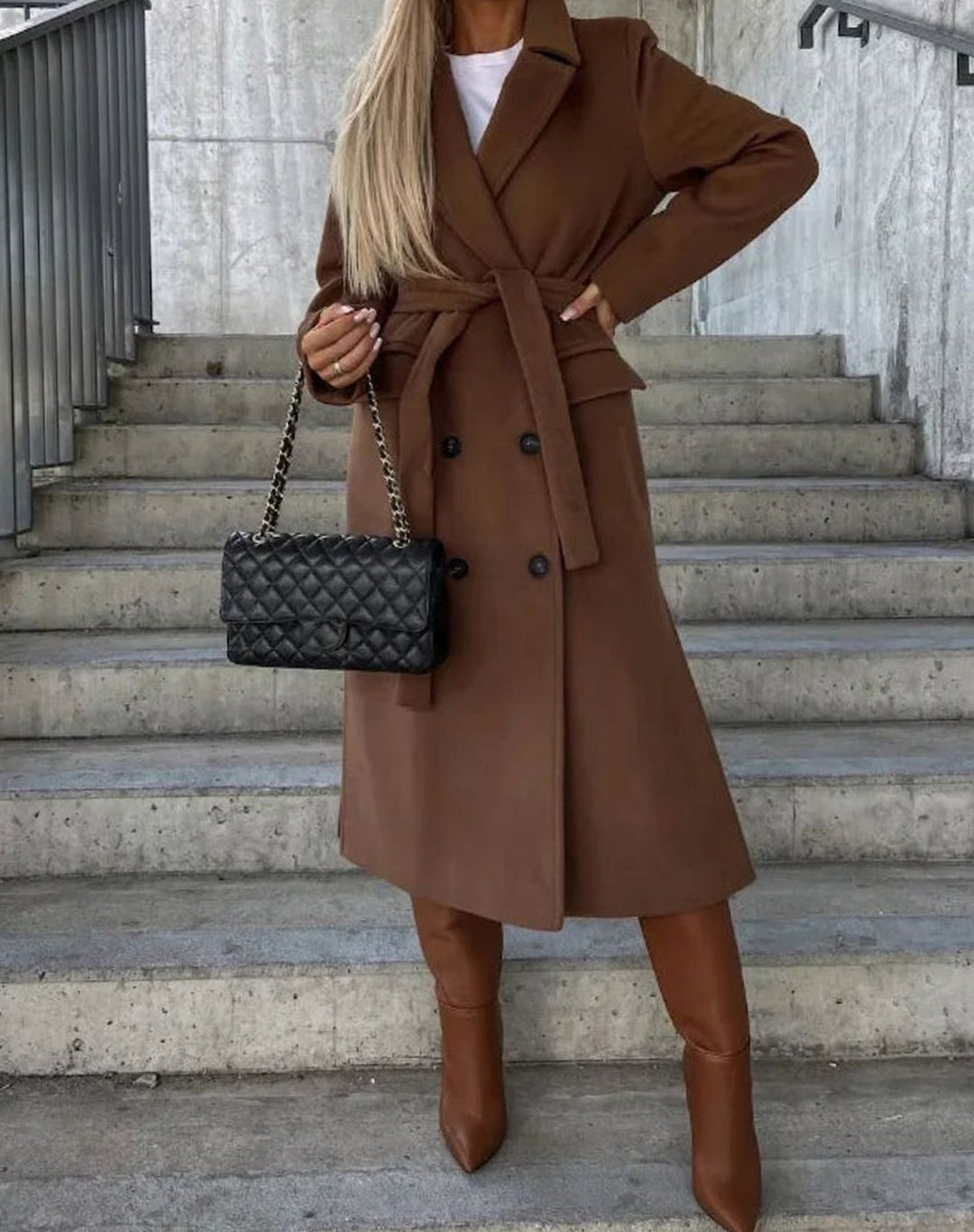 Long Double Breasted Wool Coat with Wide Collar for Women