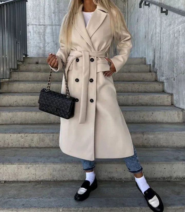 Long Double Breasted Wool Coat with Wide Collar for Women