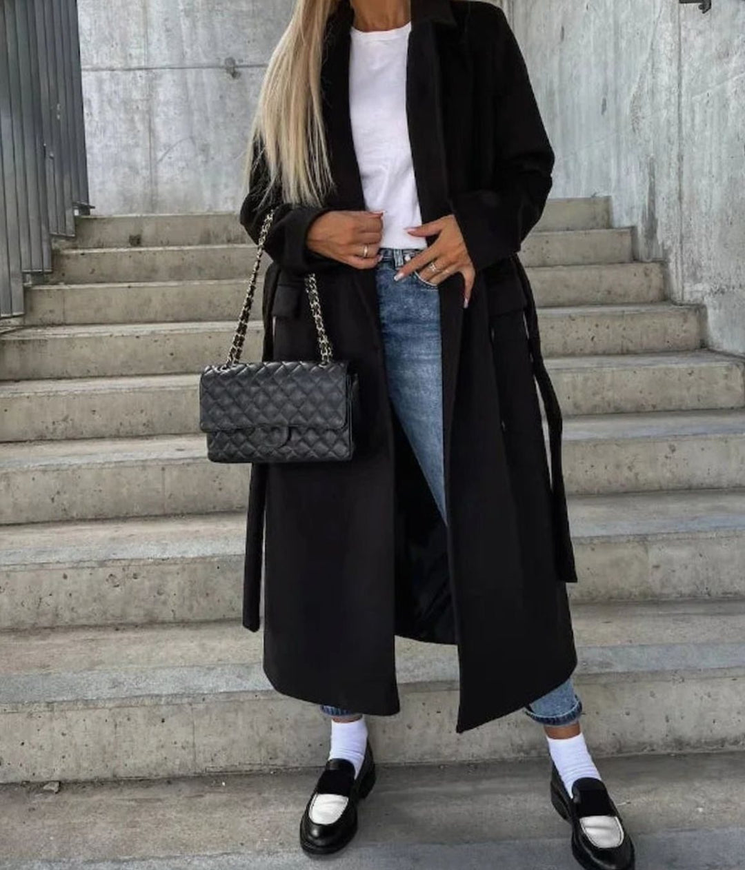 Long Double Breasted Wool Coat with Wide Collar for Women