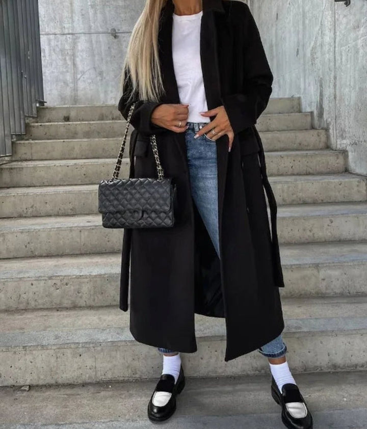 Long Double Breasted Wool Coat with Wide Collar for Women