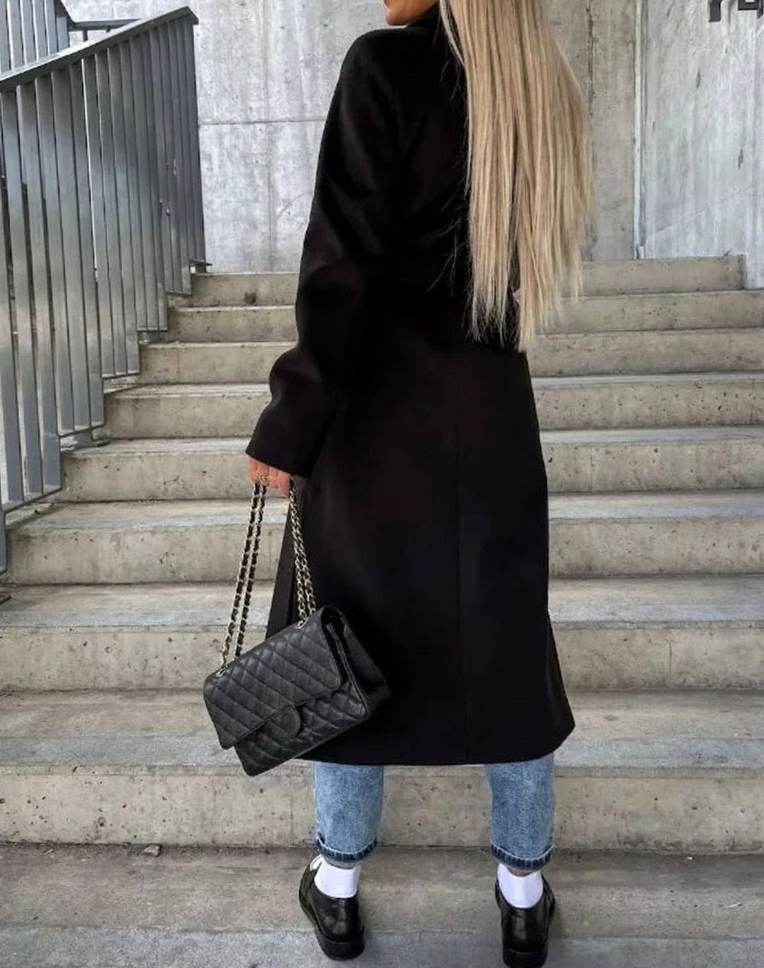 Long Double Breasted Wool Coat with Wide Collar for Women