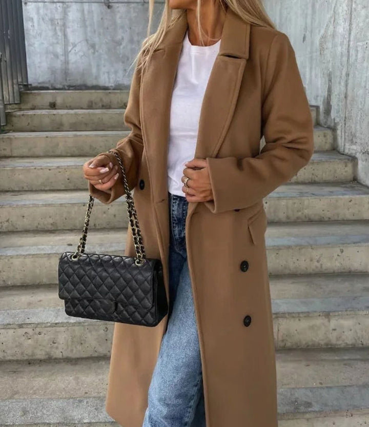 Long Double Breasted Wool Coat with Wide Collar for Women
