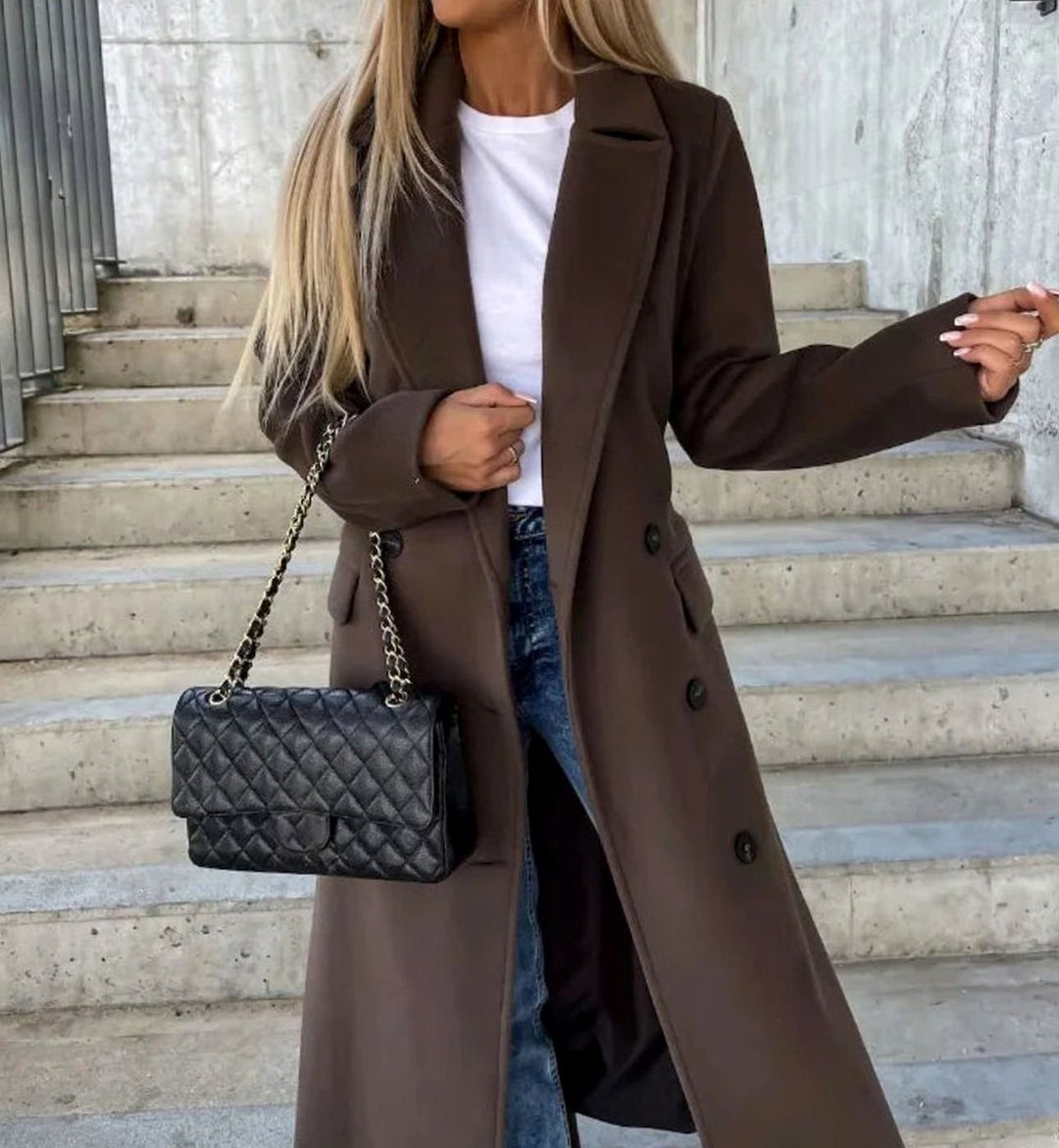 Long Double Breasted Wool Coat with Wide Collar for Women