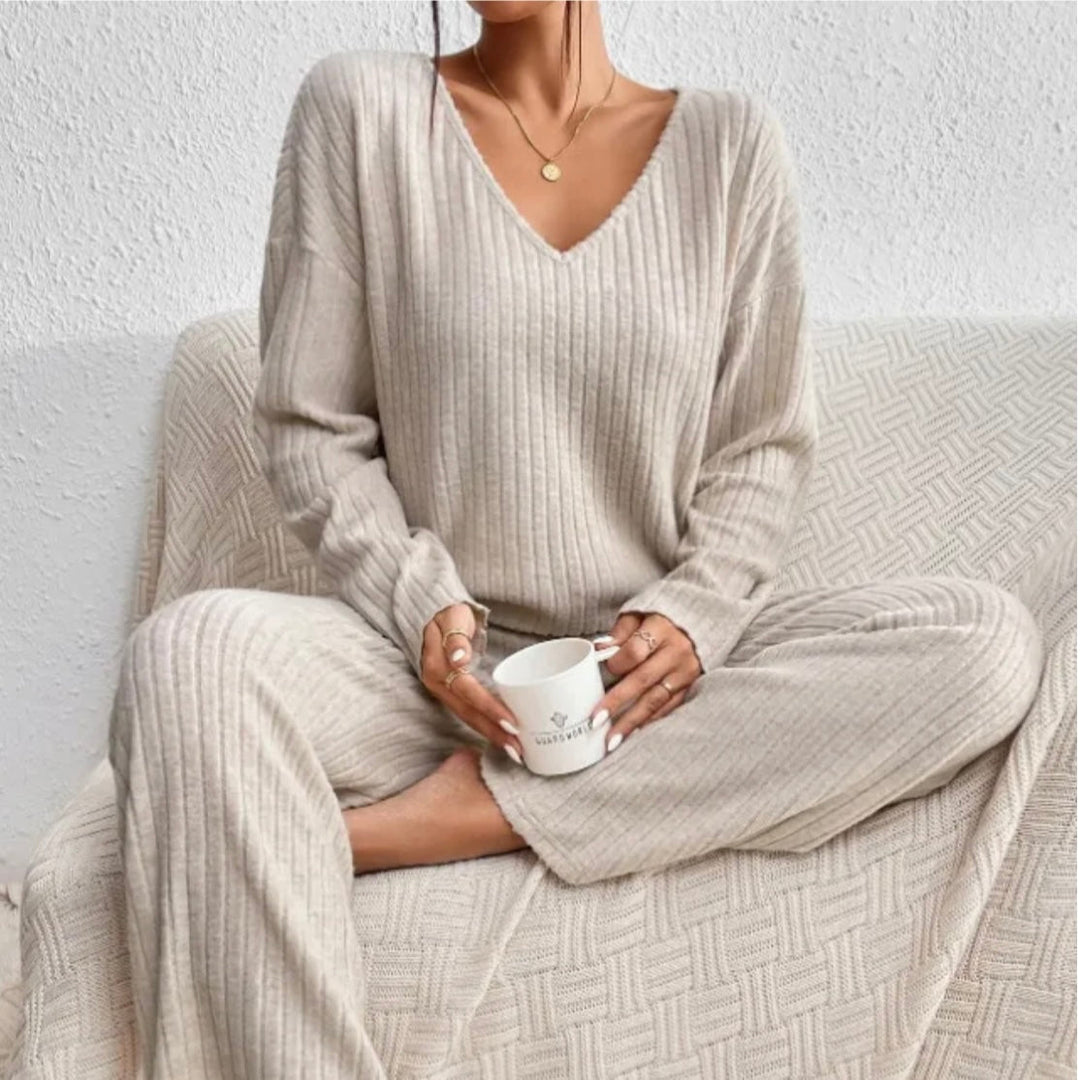 Ribbed Knit V Neck Lounge Set with Wide Leg Pants for Women