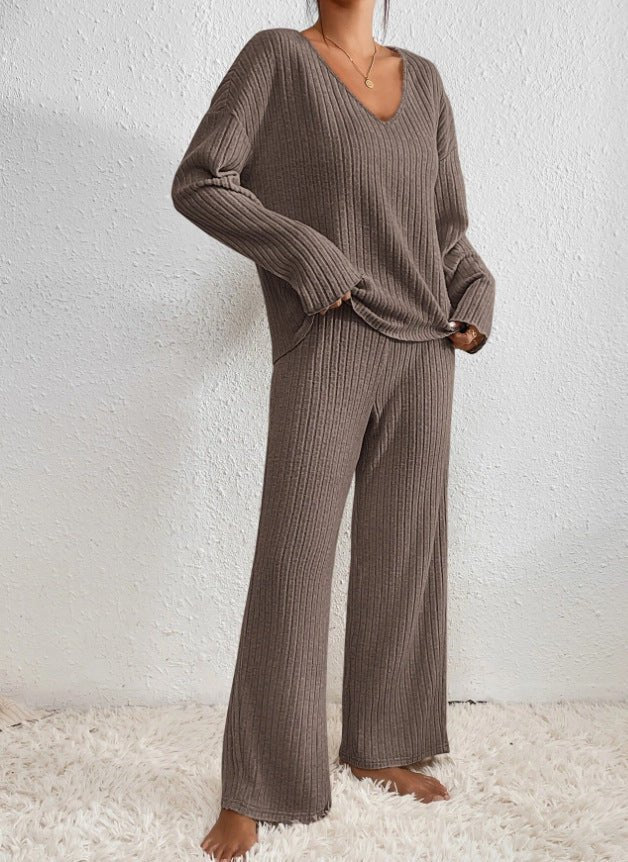Ribbed Knit V Neck Lounge Set with Wide Leg Pants for Women