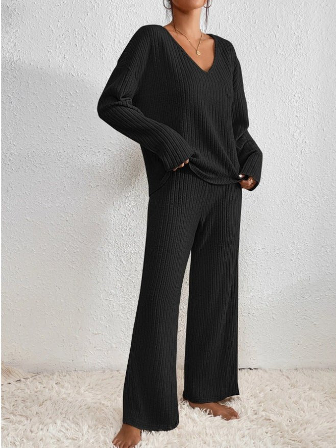 Ribbed Knit V Neck Lounge Set with Wide Leg Pants for Women