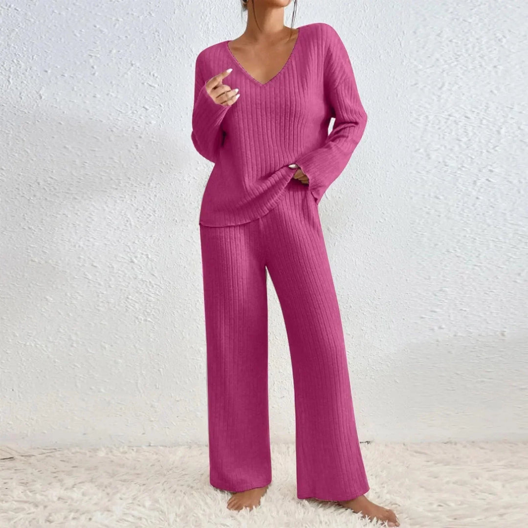 Ribbed Knit V Neck Lounge Set with Wide Leg Pants for Women