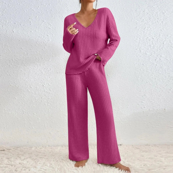 Ribbed Knit V Neck Lounge Set with Wide Leg Pants for Women