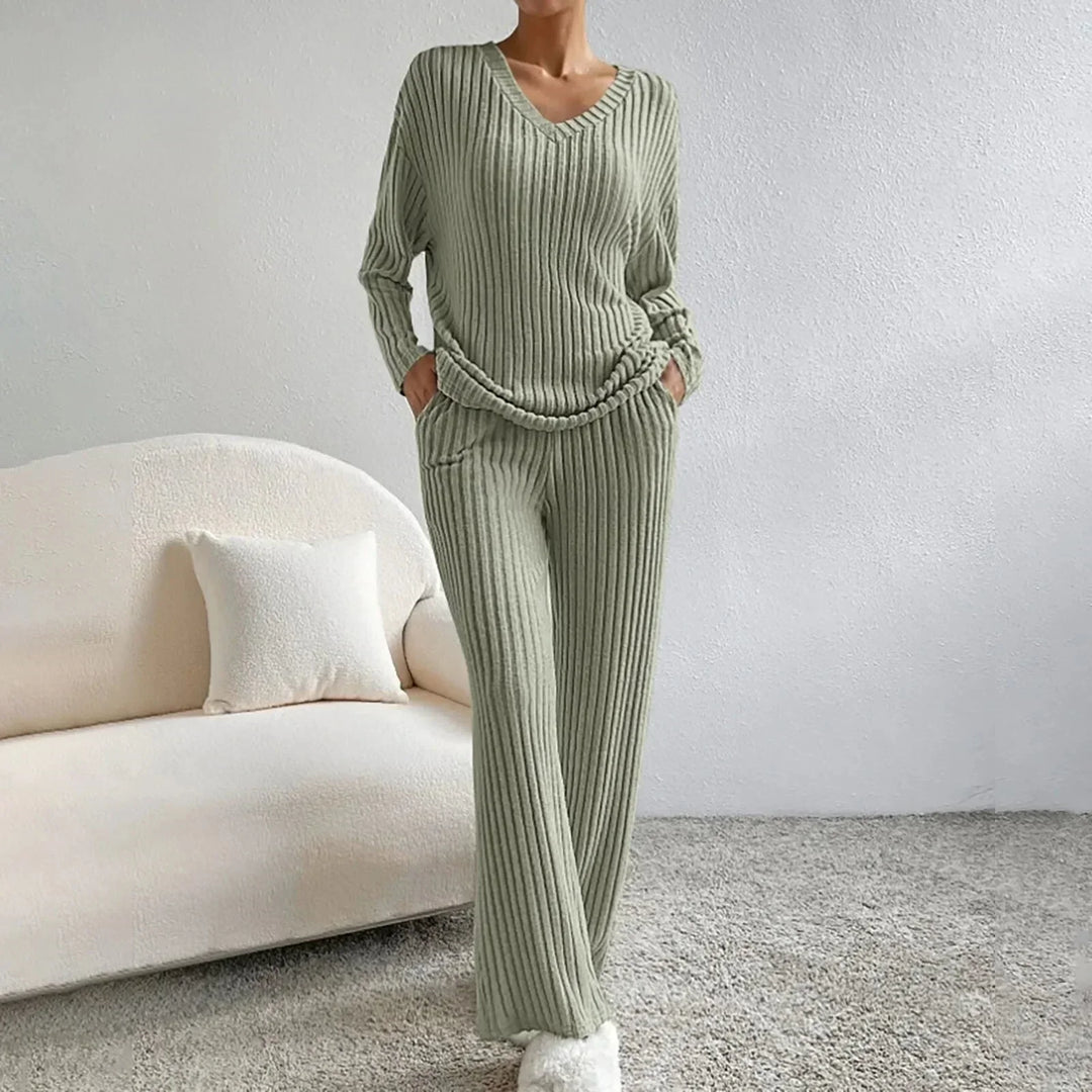 Ribbed Knit V Neck Lounge Set with Wide Leg Pants for Women