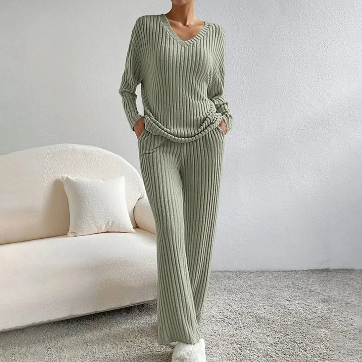 Ribbed Knit V Neck Lounge Set with Wide Leg Pants for Women
