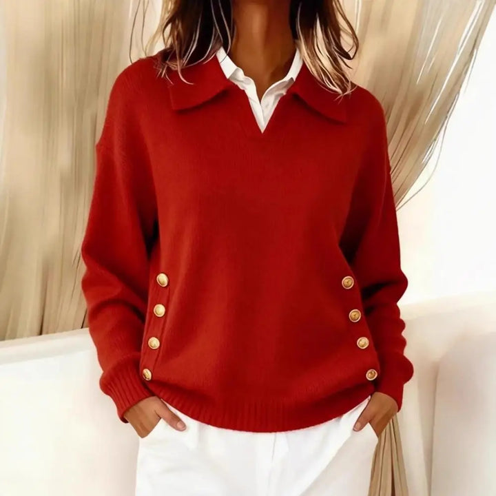 V Neck Knit Sweater with Gold Button Detail for Women