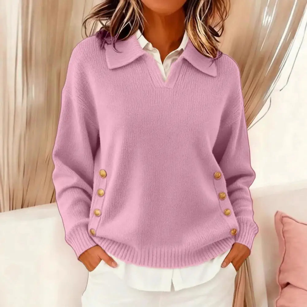 V Neck Knit Sweater with Gold Button Detail for Women