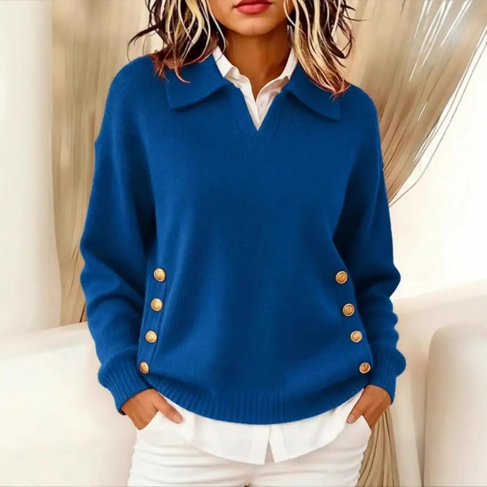 V Neck Knit Sweater with Gold Button Detail for Women