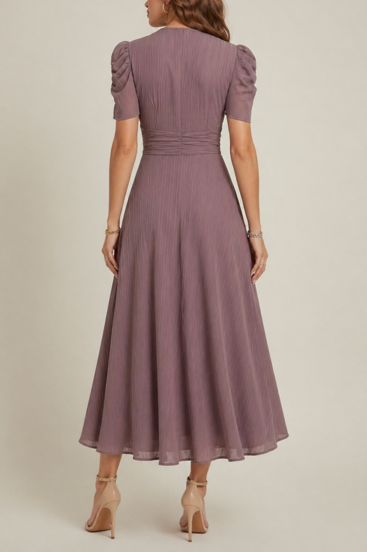 V Neck Midi Dress with Ruched Waist