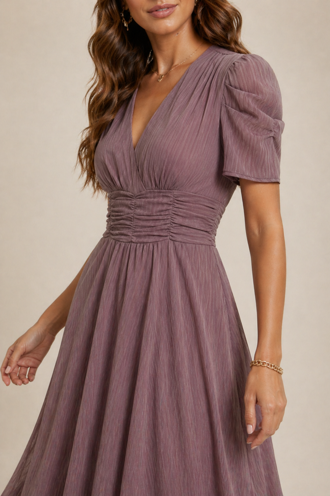 V Neck Midi Dress with Ruched Waist
