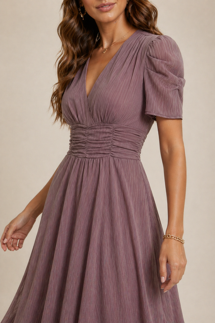 V Neck Midi Dress with Ruched Waist