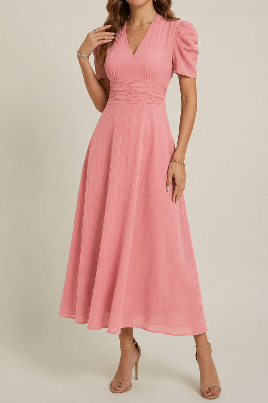 V Neck Midi Dress with Ruched Waist – Elma Boutique
