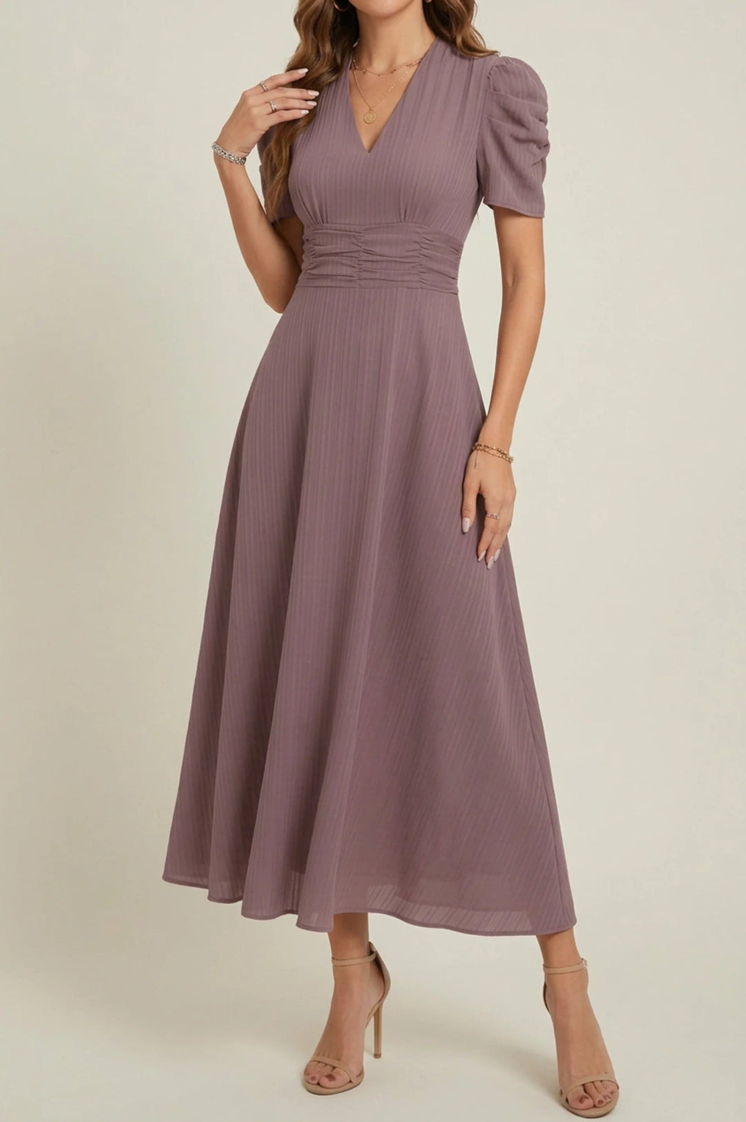 V Neck Midi Dress with Ruched Waist - Pink / S V Neck Midi Dress with Ruched Waist - Pink / S