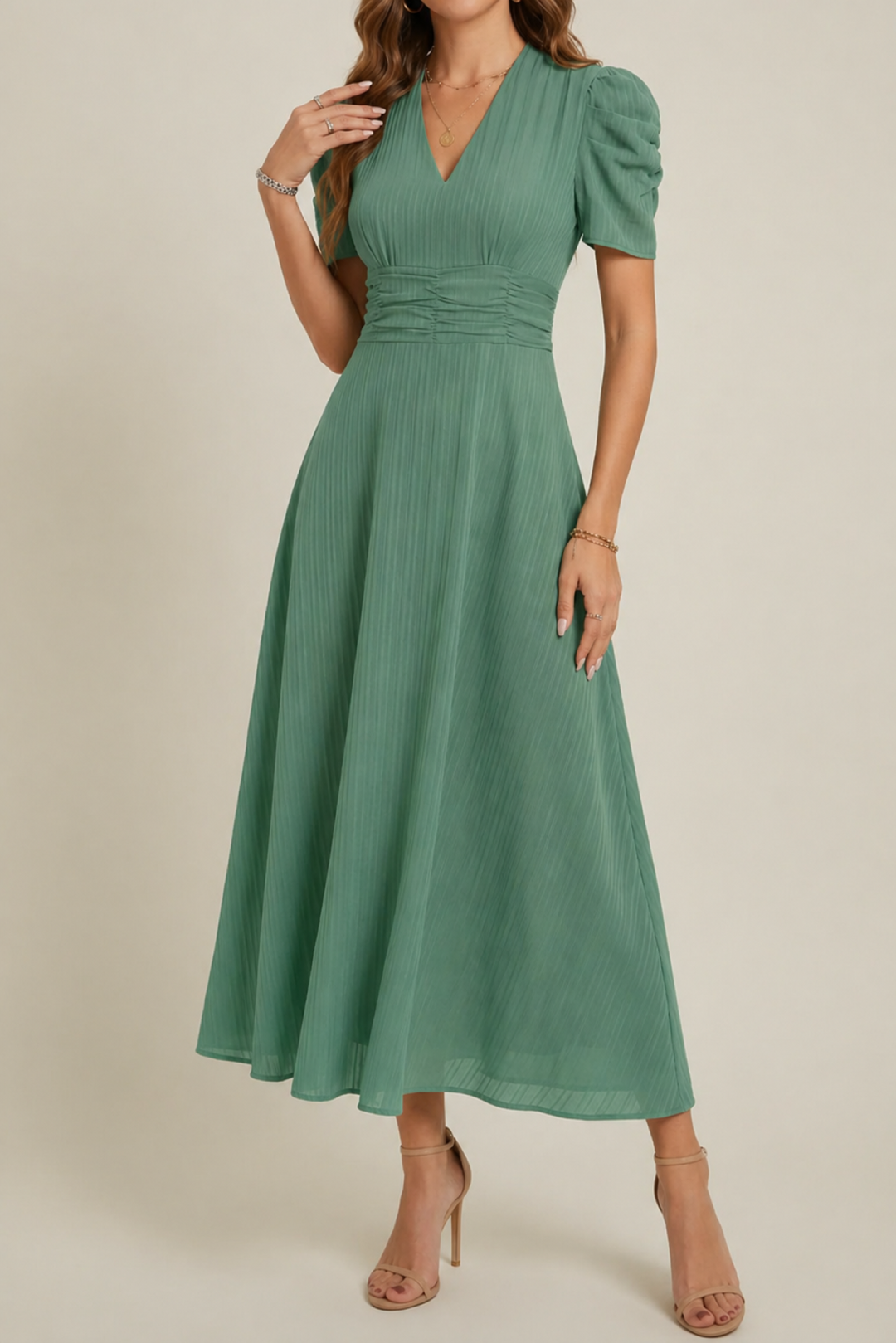 v neck dress dress V Neck Midi Dress with Ruched Waist - Pink / S