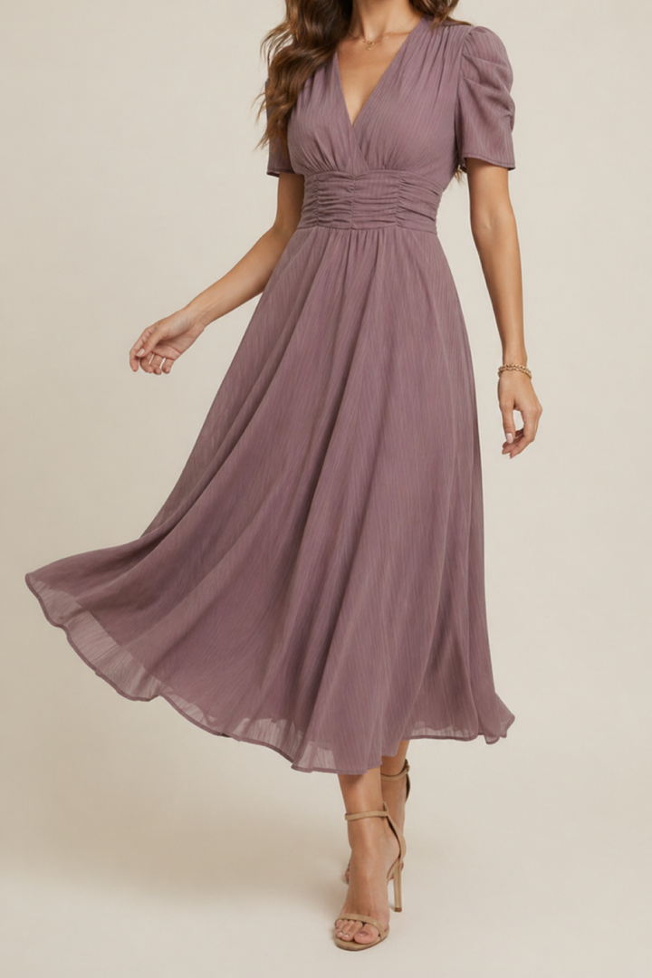 V Neck Midi Dress with Ruched Waist