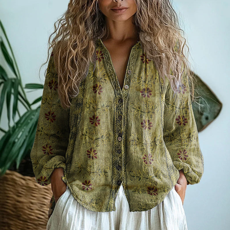 Relaxed Blouse with Nature Print and Short Sleeves